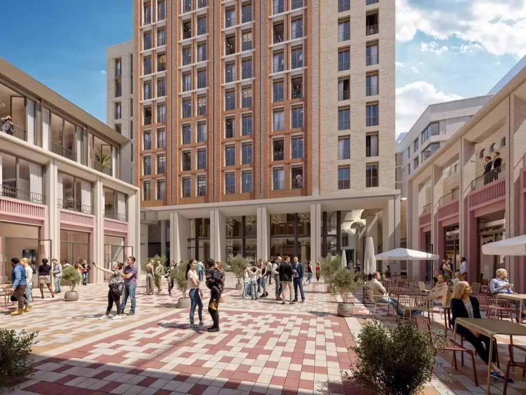 Modern urban square with lively atmosphere.