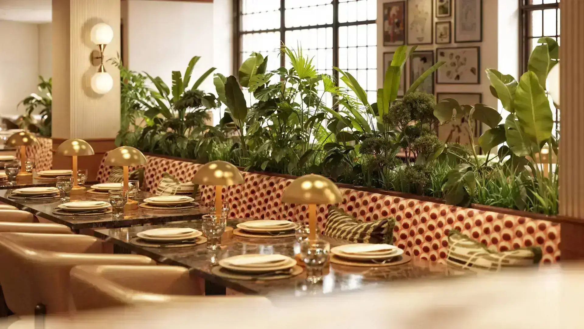 Elegant dining area with lush greenery.