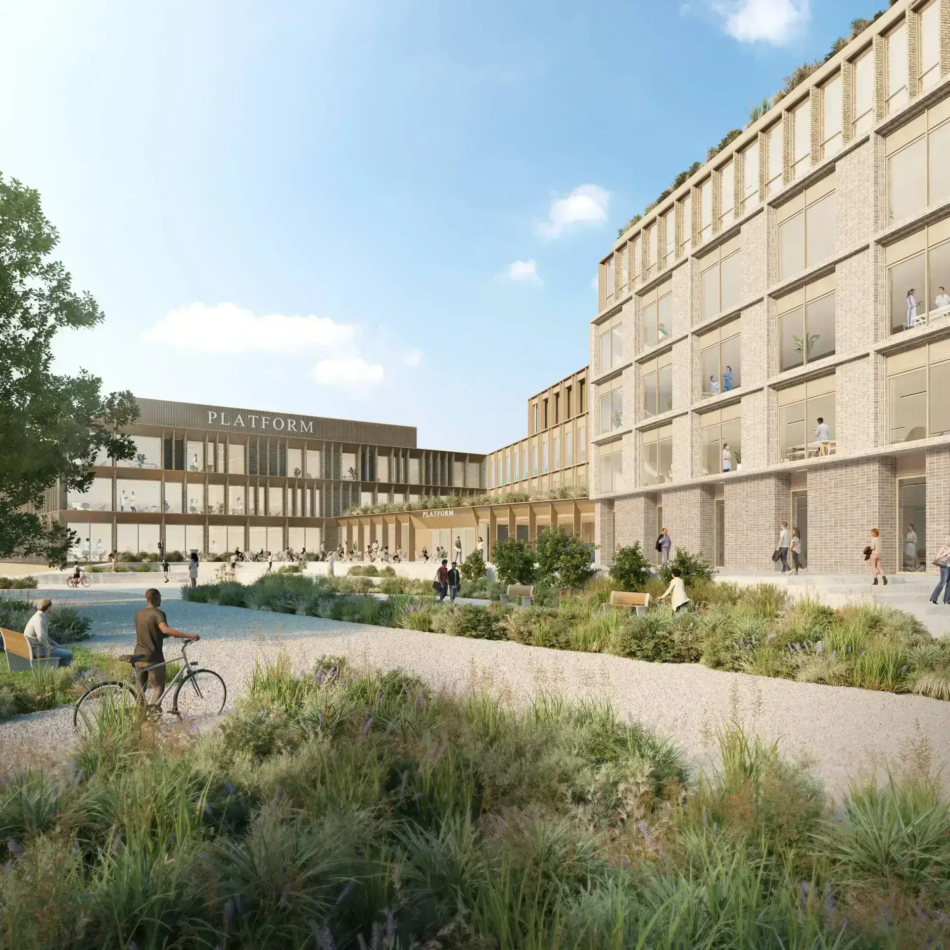 Modern building with landscaped surroundings.