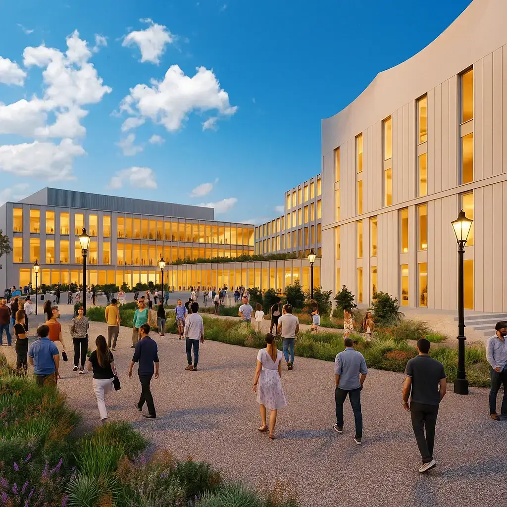 Modern buildings with people walking outside.