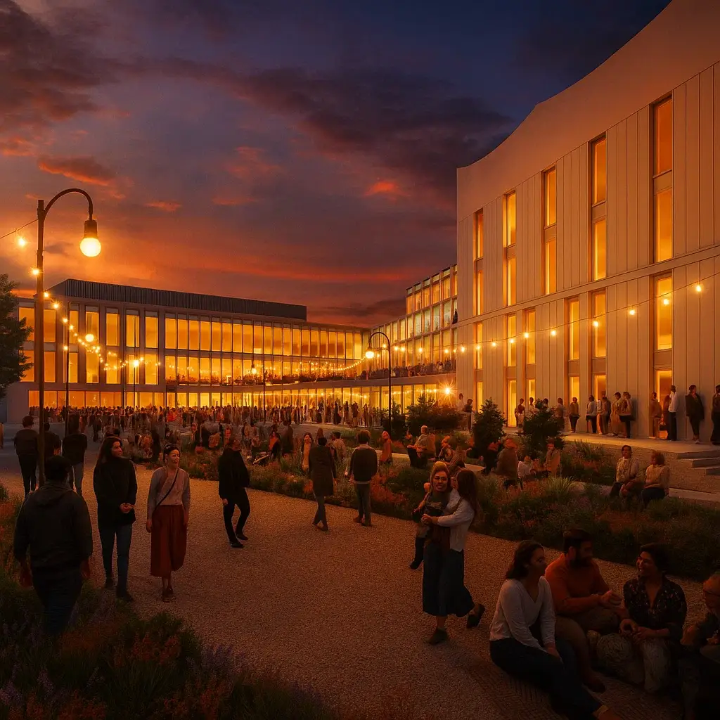 Vibrant gathering outside modern architecture.