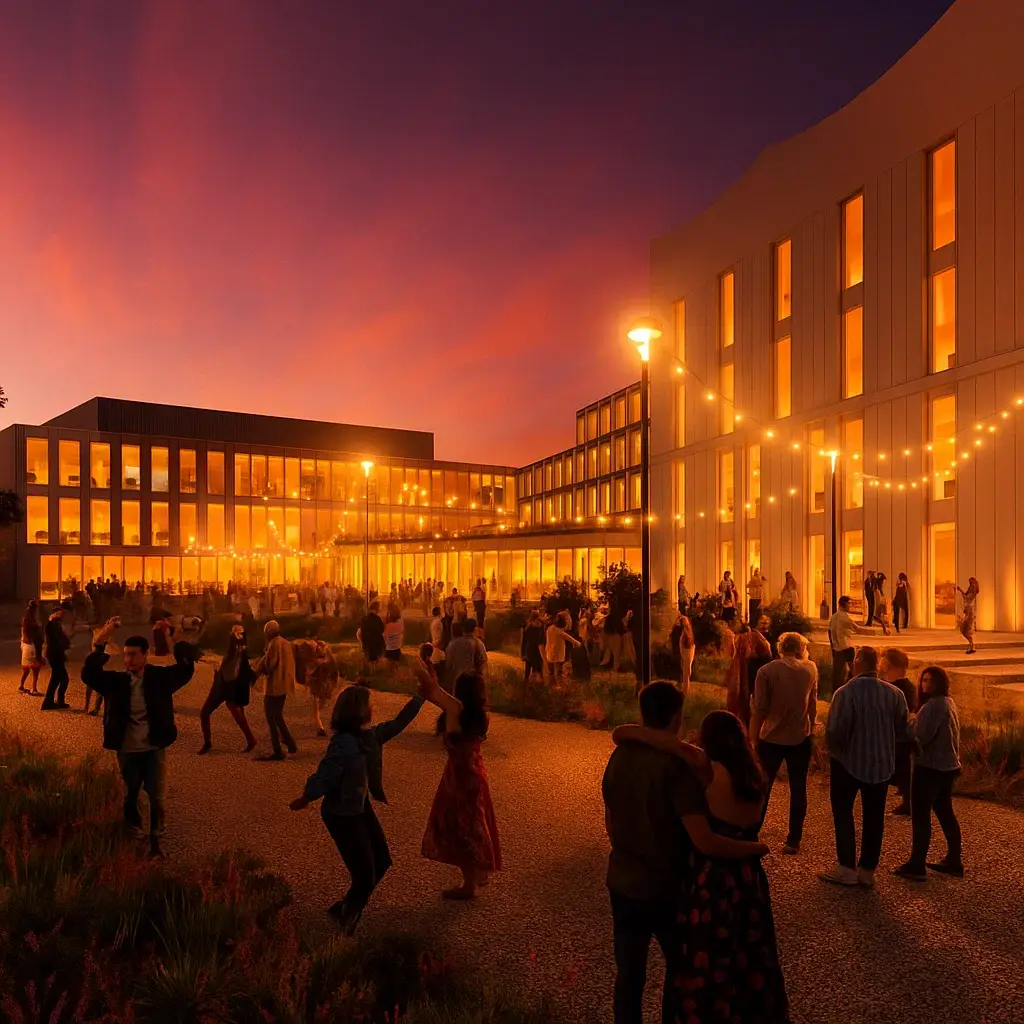 Evening gathering with warm lighting outdoors.