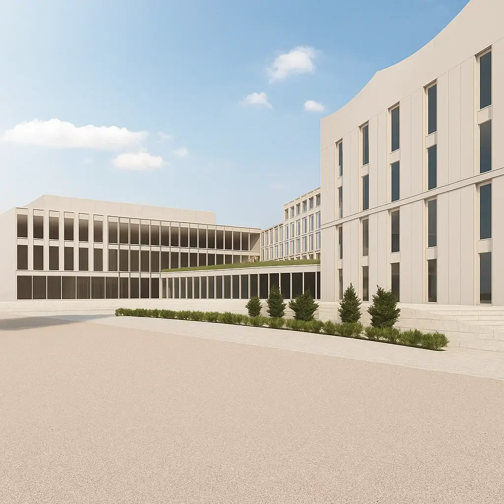 Modern buildings with landscaped surroundings.