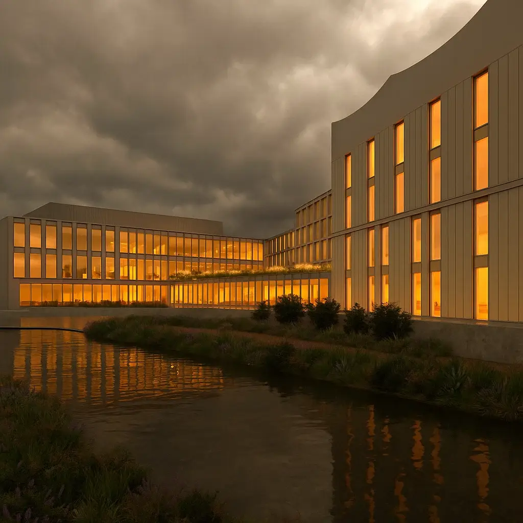 Modern building reflecting evening light.