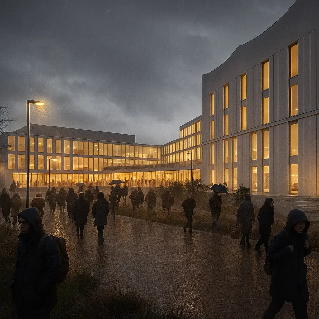 Rainy evening at a modern building.