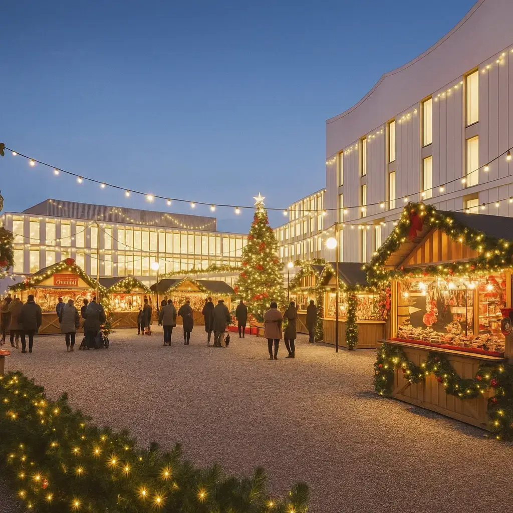 Festive market with Christmas lights.