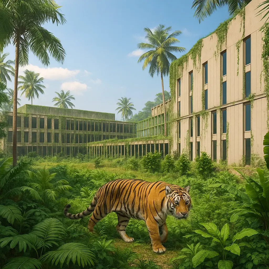 Tiger roaming overgrown abandoned building.